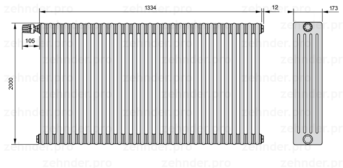 Схема (чертеж) Радиатор Zehnder Charleston 5200/29 №V011 Белый глянцевый RAL 9016